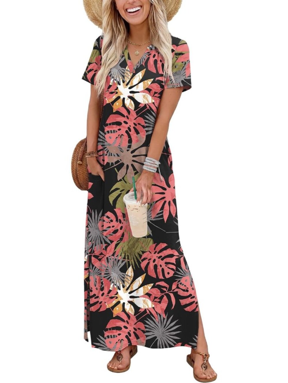 〽️Women's Pink Leaf Summer Maxi Dress V Neck Short Sleeve Beach Vacation